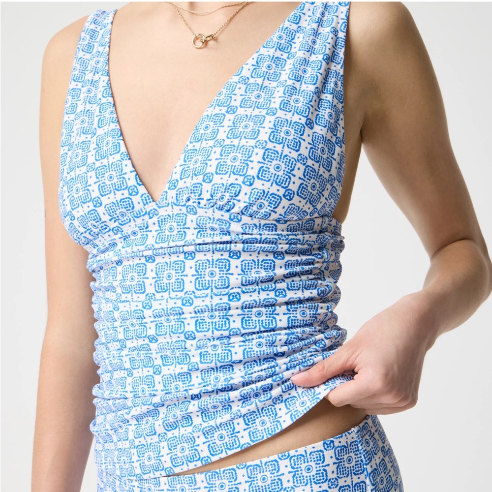 J.CREW White & Blue Print Ruched Plunge V-Neck Tankini Top Size Medium